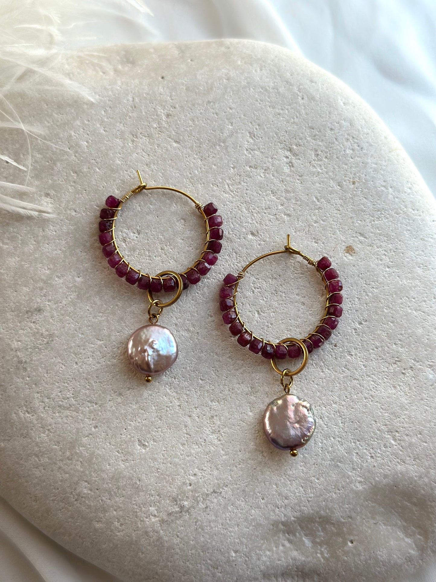 Ruby Earrings with purple freshwater Pearls