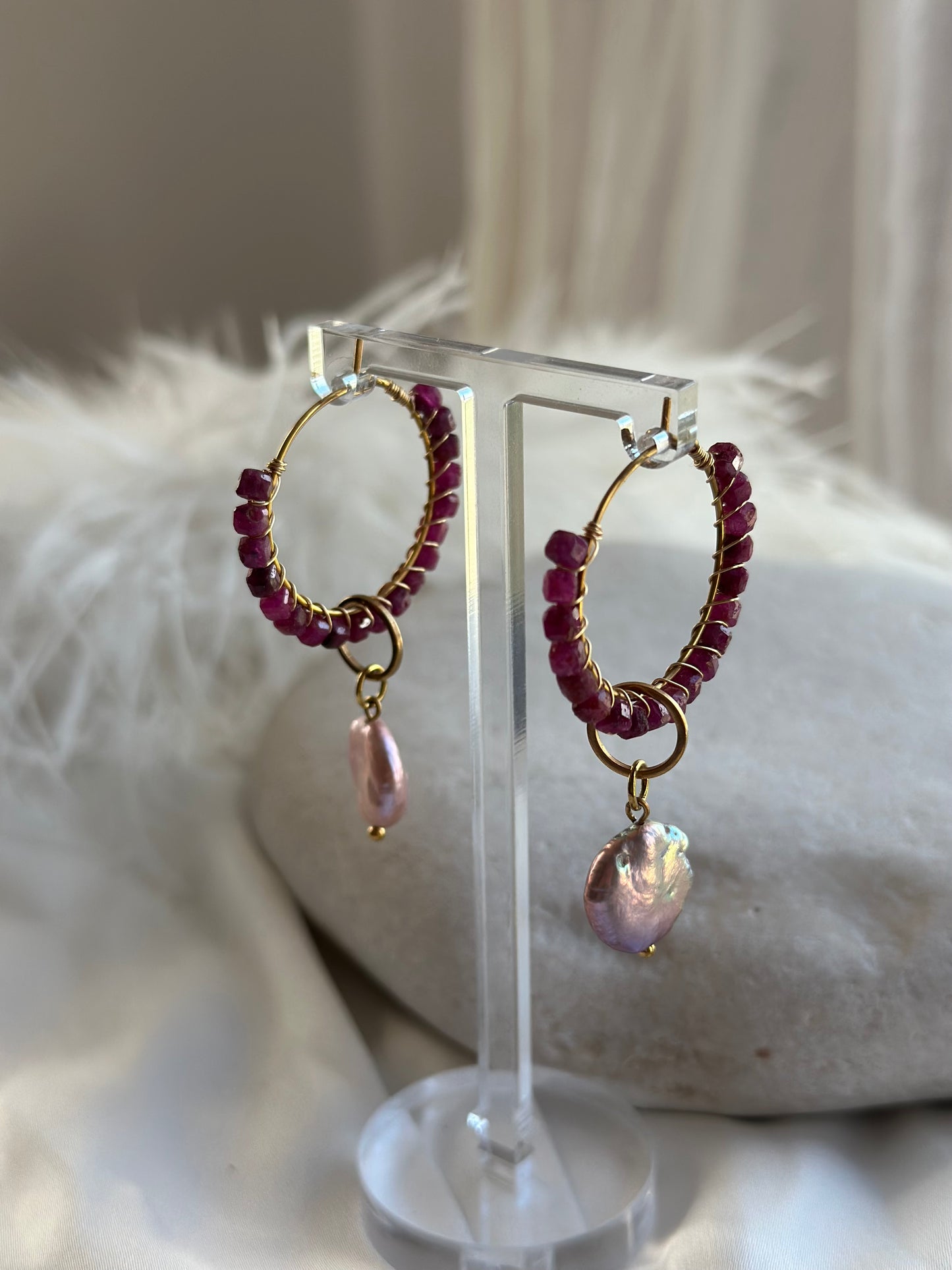 Ruby Earrings with purple freshwater Pearls