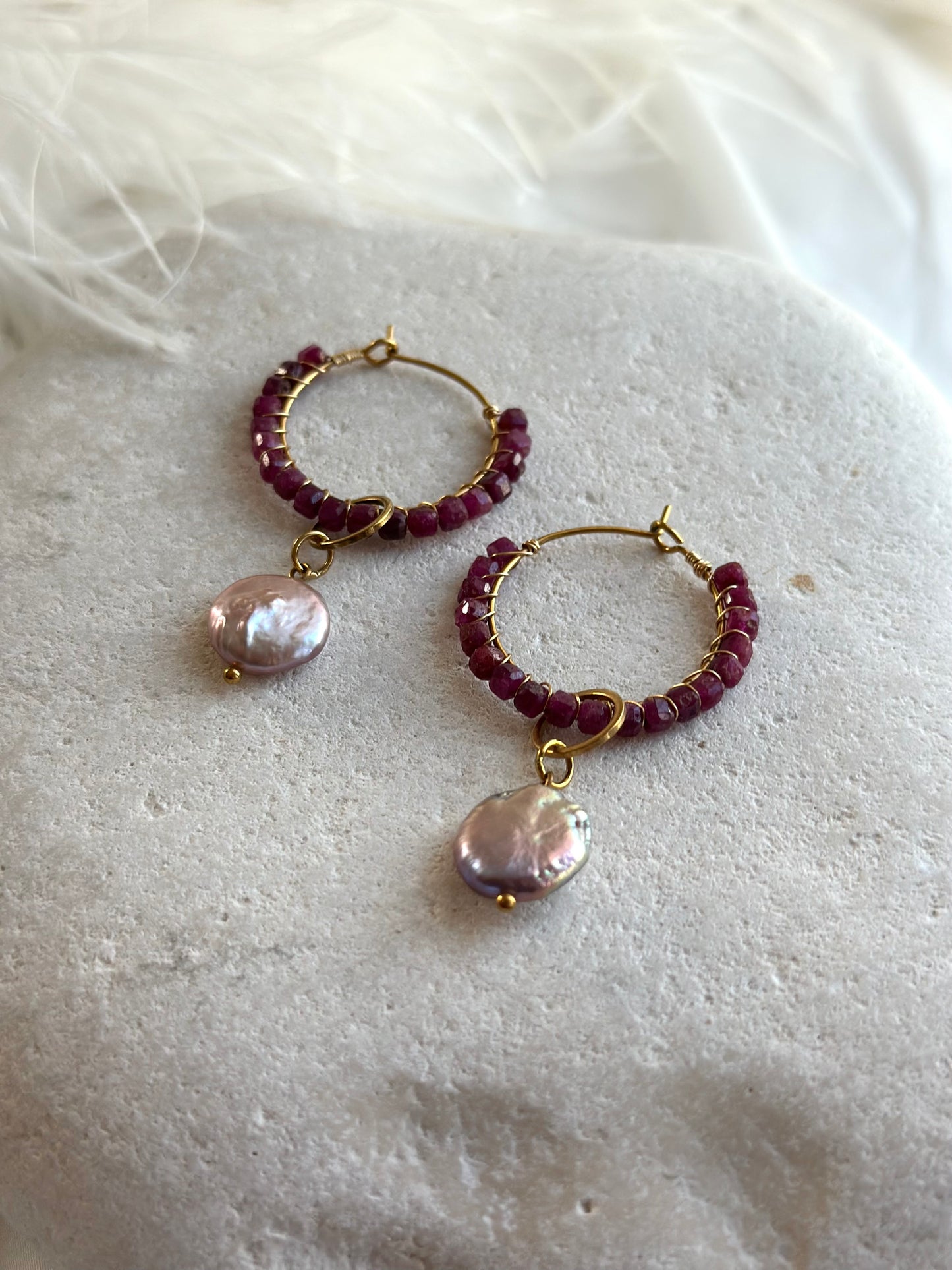 Ruby Earrings with purple freshwater Pearls