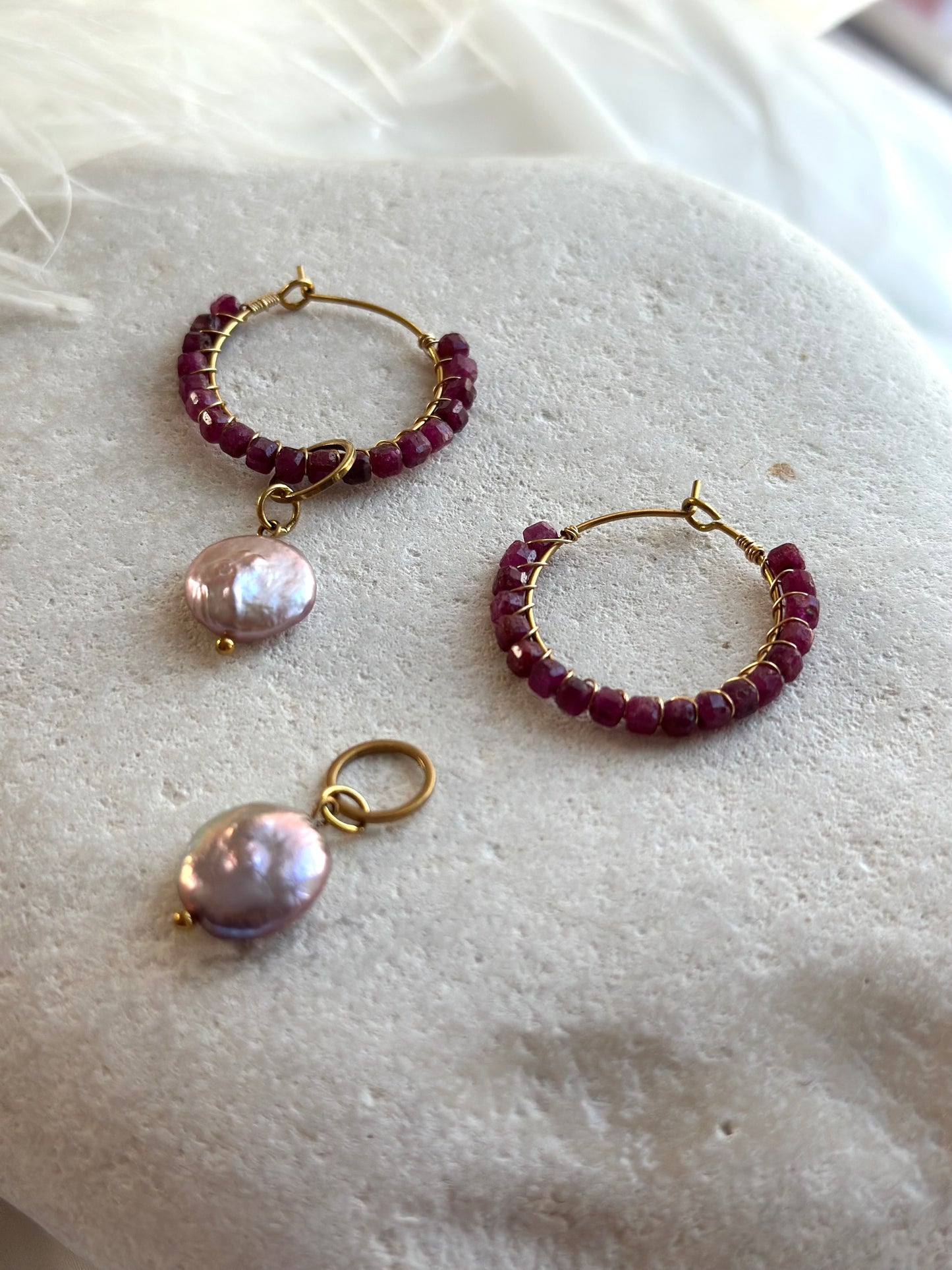 Ruby Earrings with purple freshwater Pearls
