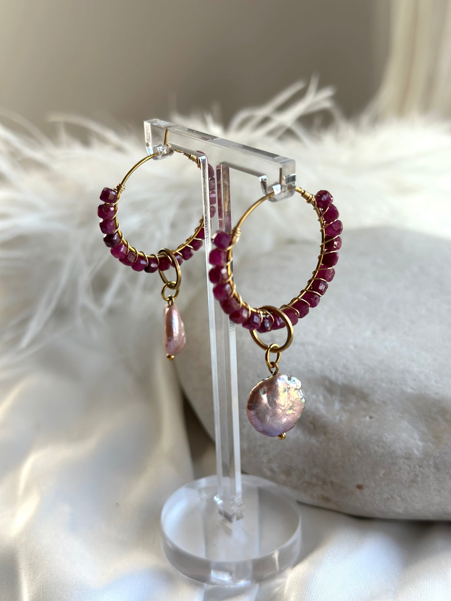 Ruby Earrings with purple freshwater Pearls